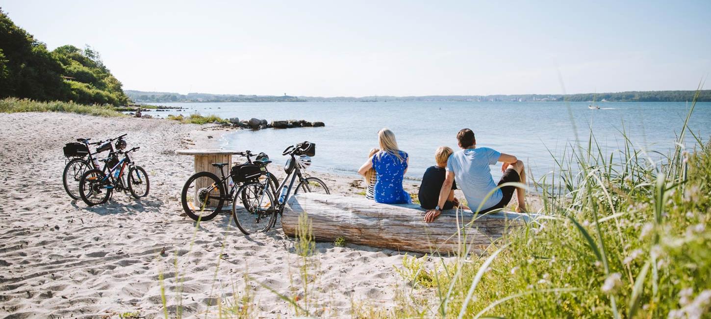 Familie på stranden med cykler