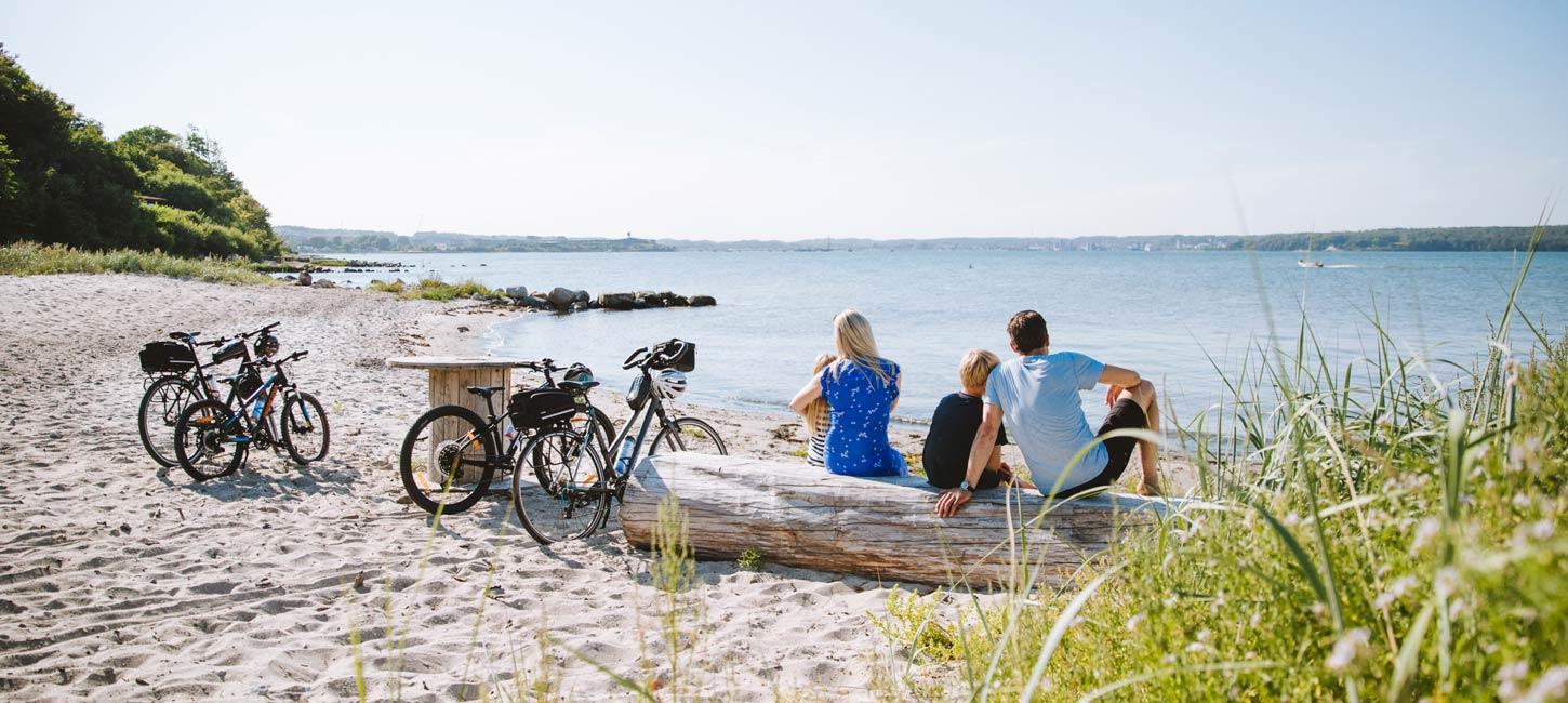 Familie sitzt mit Fahrrädern am Strand und schaut aufs Wasser 