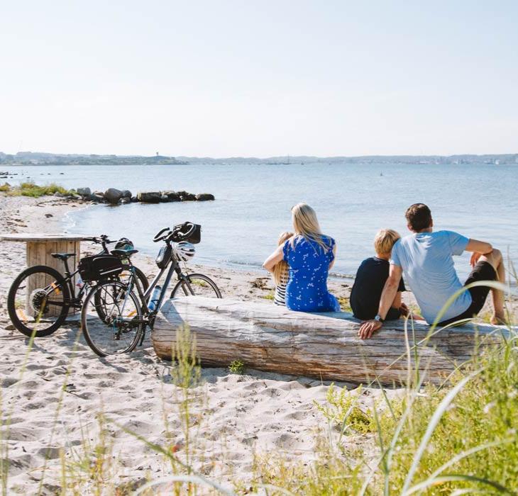 Familie på stranden med cykler